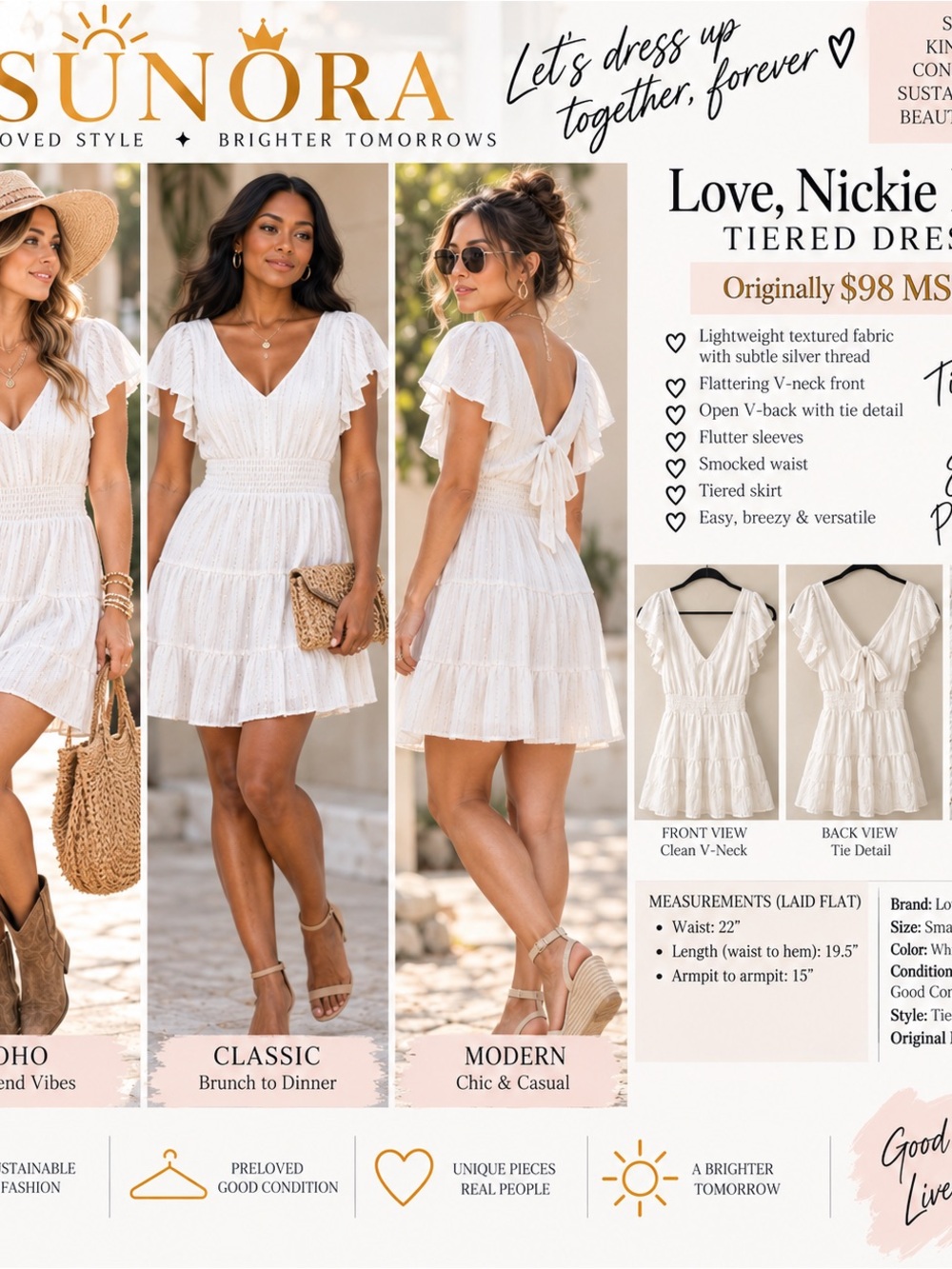 SUNO White Tiered V‑Neck Mini Dress with Smocked Waist